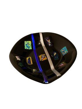 Black Fused Glass Dish With Iridescent Dichroic Mosaic Details Signed